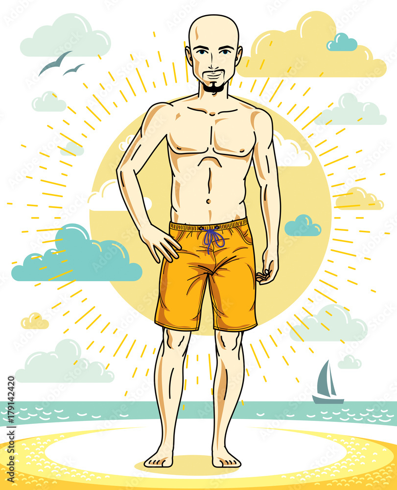 Handsome bald adult man with stylish beard standing on tropical beach in bright shorts. Vector nice and sporty man illustration. Summertime theme clipart.