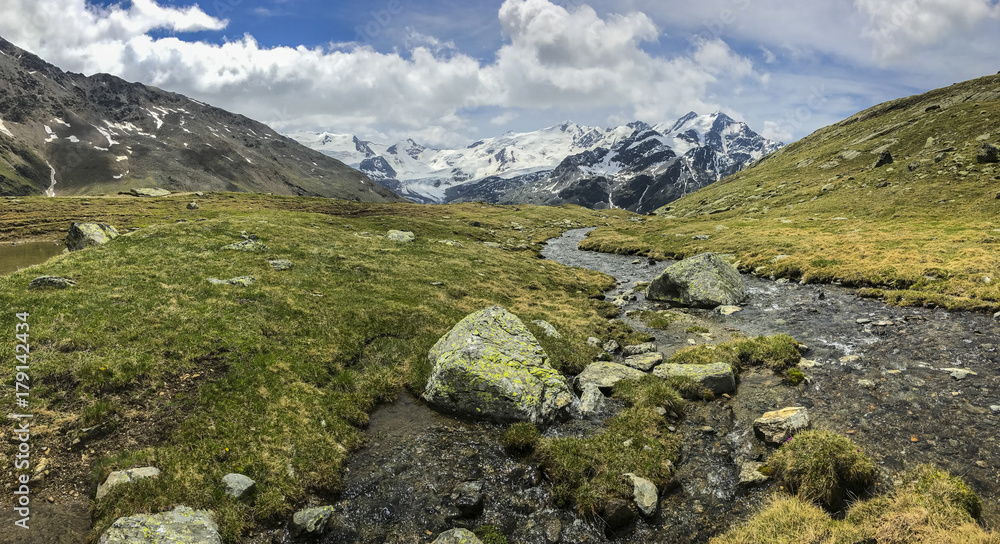 Glacier Forni and alpine river, Valfurva, Lombardy Glacier Forni and alpine river, Valfurva, Lombardy