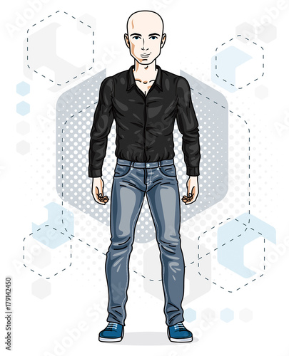 Confident handsome hairless young man standing. Vector illustration of male wearing casual clothes, jeans pants and cotton shirt.