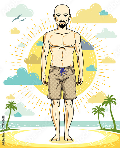 Handsome hairless young man with beard and mustaches standing on tropical beach in bright shorts. Vector athletic male illustration. Summer vacation lifestyle theme cartoon.