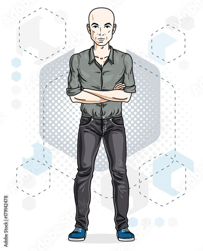 Confident handsome hairless young man standing. Vector illustration of male wearing casual clothes, jeans pants and cotton shirt.