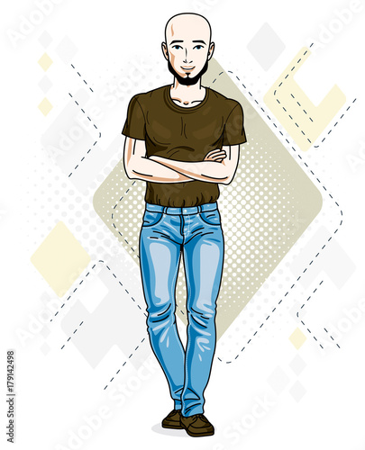 Handsome bald young man standing. Vector illustration of man with beard wearing stylish casual clothes.