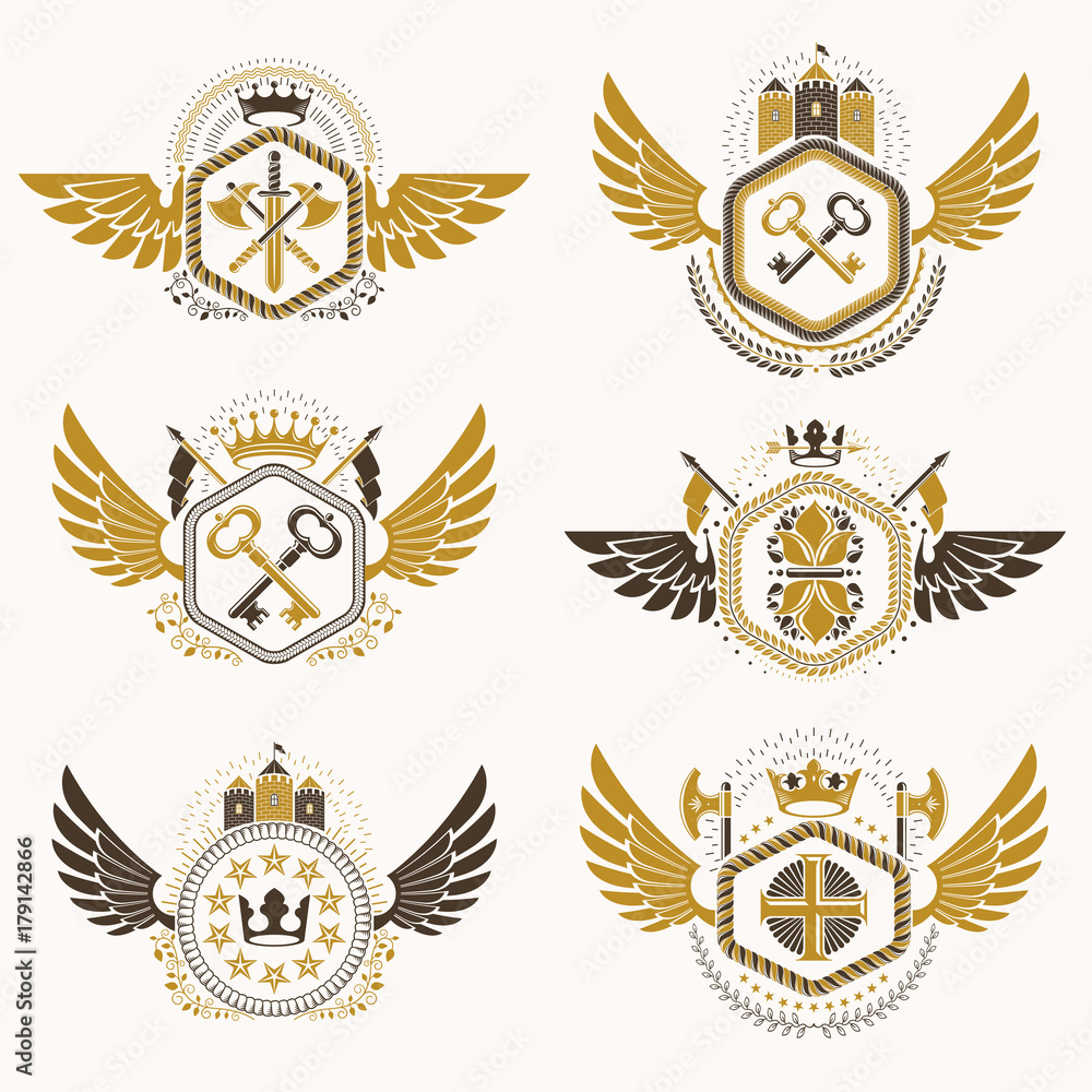 Fototapeta premium Heraldic emblems with wings isolated on white backdrop. Collection of vector symbols in vintage style created using heraldry elements like crowns, towers, crosses and armory.