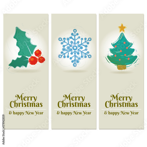 Set of 3 Merry Christmas and Happy New Year labels in drawing style. Illustration for New Year and Christmas card designs, greetings, flyers, banners, advertisements, poster…