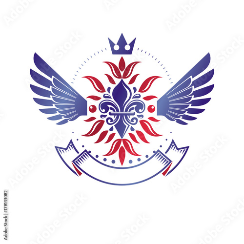 Victorian emblem composed using lily flower and monarch crown. Royal quality award vector design element, business label.