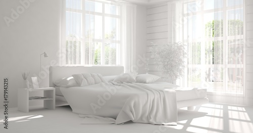 Inspiration of white minimalist  bedroom with summer landscape in window. Scandinavian interior design. 3D illustration