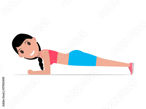 Vector cartoon girl doing exercise forearm plank