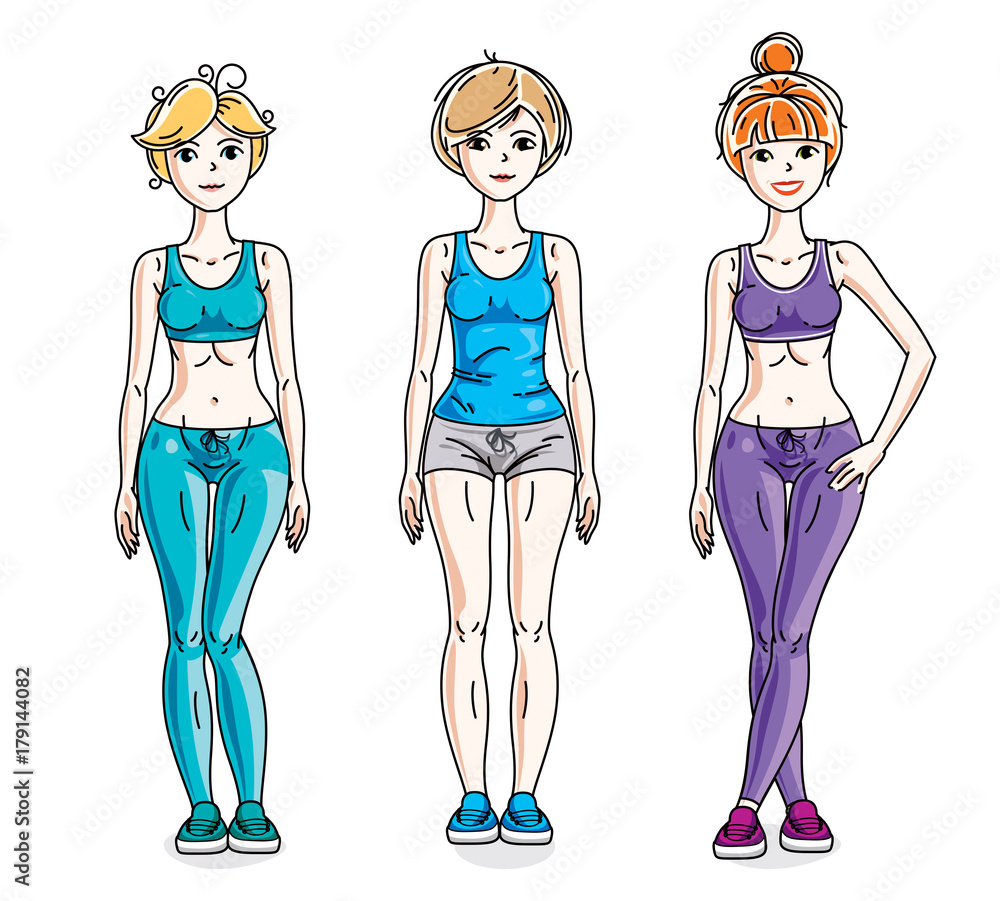 Attractive young women standing wearing stylish sport clothes. Vector people illustrations set. Attractive young women standing wearing stylish sport clothes. Vector people illustrations set.