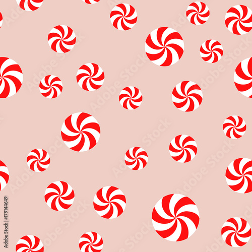 Christmas Peppermint Candy Seamless Vector Pattern. Red and White Swirls on Pale Pink Background. Random size. Pattern Swatch Made with Global Colors.
