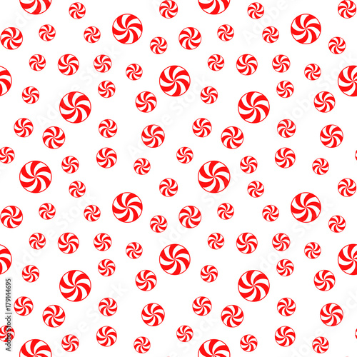 Christmas Peppermint Candy Seamless Vector Pattern. Red and White Swirls on White Background. Random size. Pattern Swatch Made with Global Colors.