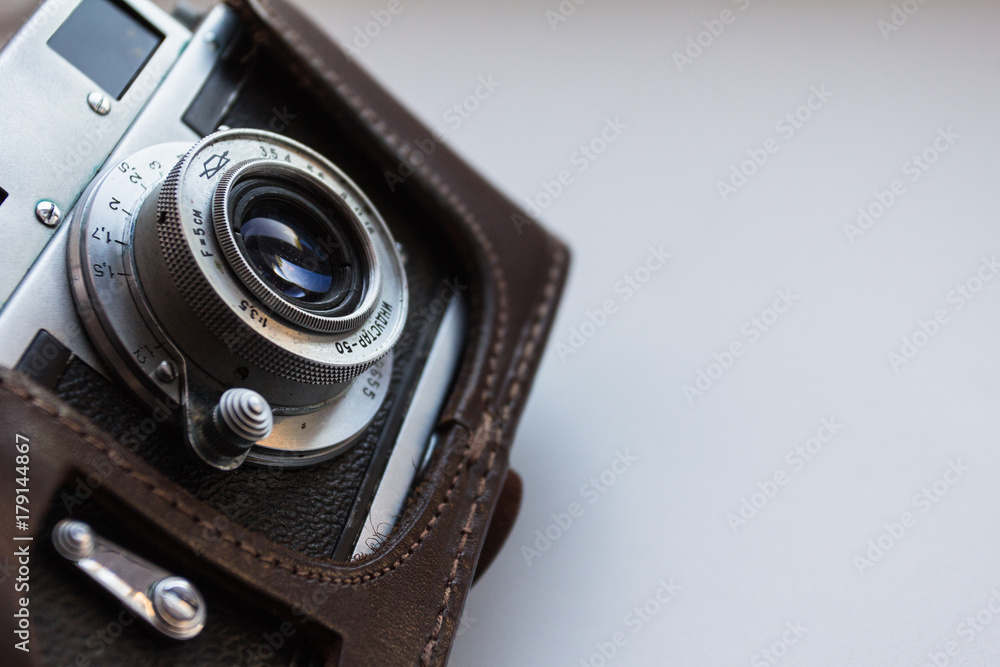 Vintage photo camera MIR Is a Soviet long-range camera, manufactured by the Krasnogorsk Mechanical Plant from 1959 to 1961. White background