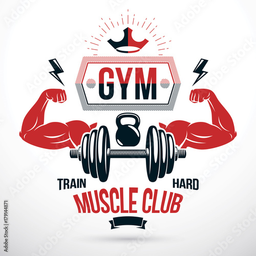 Graphic vector insignia created with strong sportsman biceps arm, disc weight dumb bell and with kettle bell sport equipment. Bodybuilding weightlifting gym symbol sport template