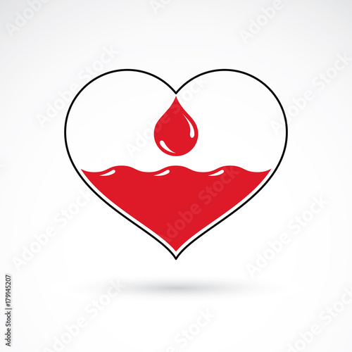 Vector illustration of heart shape and drops of blood. Hematology theme symbol for use in pharmacology.