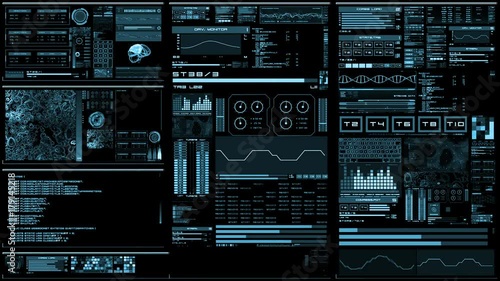 Light blue futuristic interface/Digital screen/Detailed abstract background. Blinking and switching indicators of command center computer,processing data, AI.