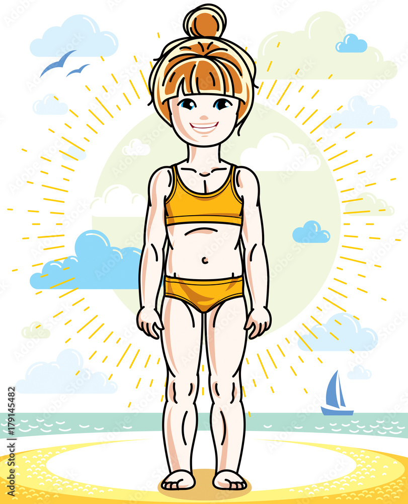Little red-haired girl cute kid standing on beach in bikini. Vector attractive kid illustration.
