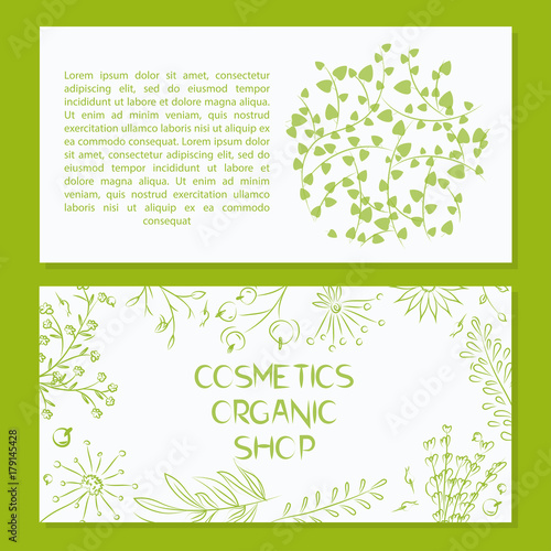 vector template with hand-drawn flowers and herbs, design for a natural cosmetics shop