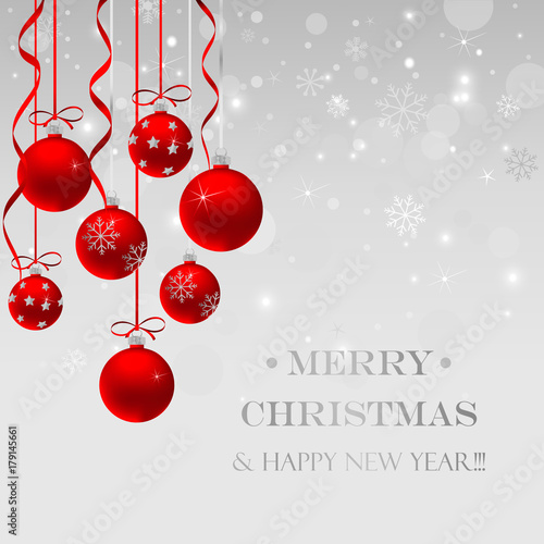 Christmas card with red balls and snowflakes