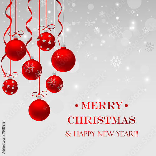 Christmas card with red balls and snowflakes