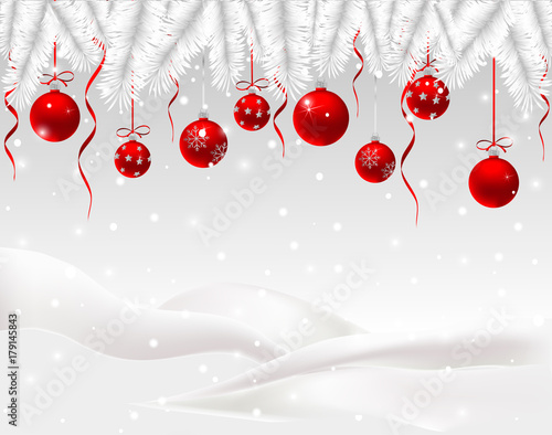 Christmas card with red balls and snow