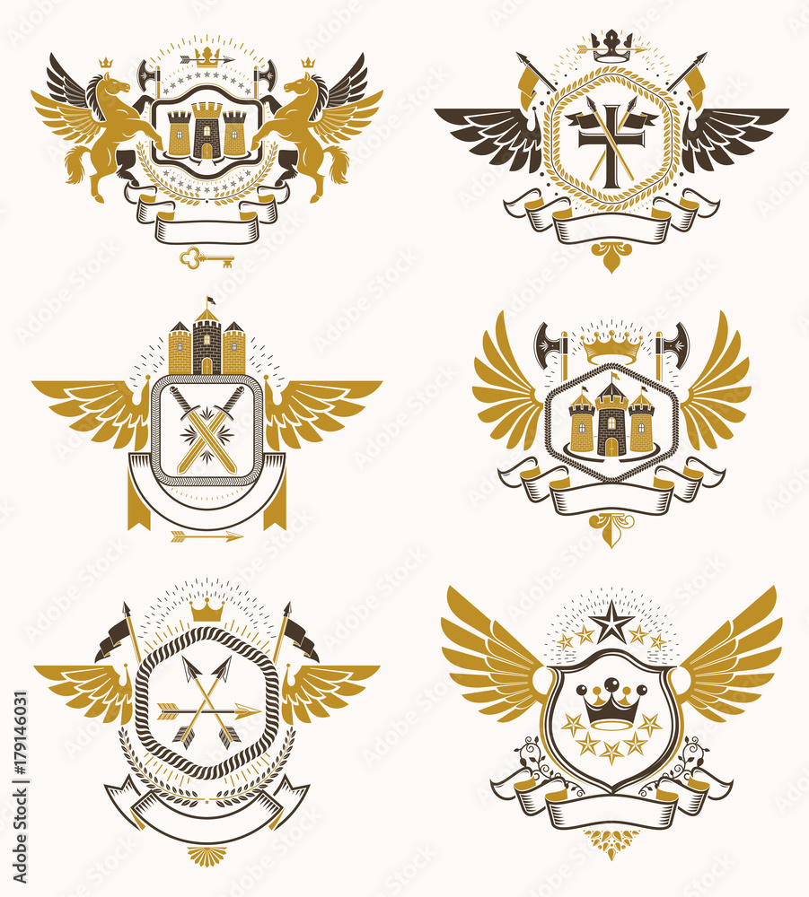 Obraz premium Vintage heraldry design templates, vector emblems created with bird wings, crowns, stars, armory and animal illustrations. Collection of vintage style symbols.