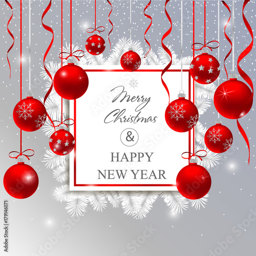 Christmas card with red balls and snow