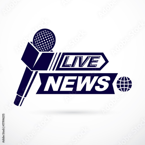 Live reportage conceptual logo, vector illustration created with microphones equipment and live news writing.