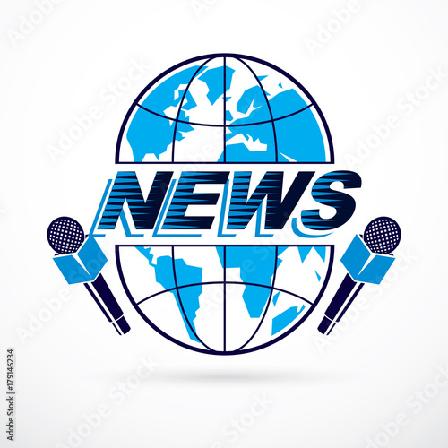Social telecommunication theme vector emblem created with blue Earth planet illustration divided with meridians, with microphones and news inscription. Press conference.