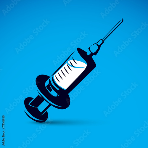Vector graphic illustration of plastic disposable syringe for medical injections. Get vaccinated idea