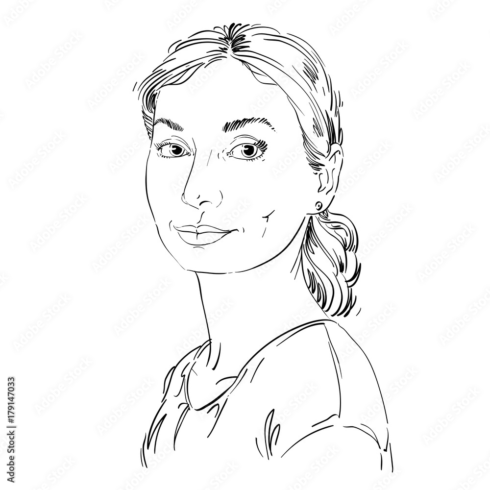 Vector portrait of attractive dreamy woman, illustration of peaceful and calm girl. Person emotional face expression. Vector portrait of attractive dreamy woman, illustration of peaceful and calm girl. Person emotional face expression.