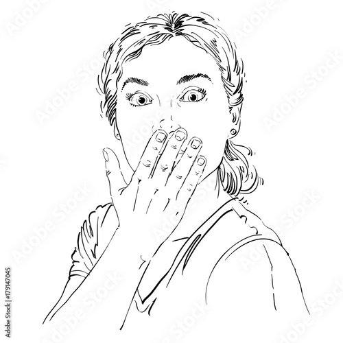 Monochrome vector hand-drawn image, shocked young woman. Black and white illustration of amazed girl holding her hand close to mouth.