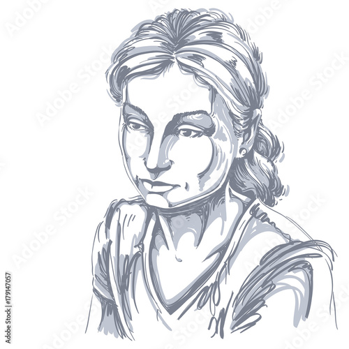 Vector portrait of sad attractive woman, illustration of good-looking sorrowful female. Person emotional face expression.
