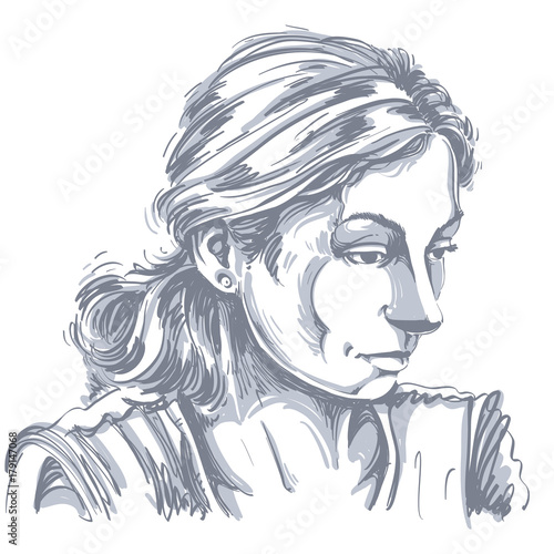 Monochrome vector hand-drawn image, sad or depressed young woman. Black and white illustration of melancholic girl, face expressions.