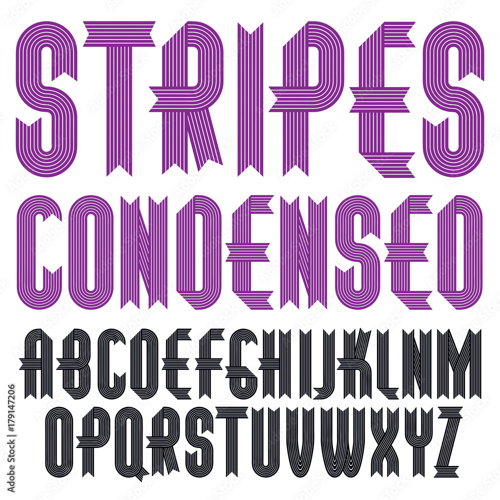 Set of cool vector upper case English alphabet letters isolated. Funky condensed bold font, typescript for use in logo design. Made with stripy decoration.