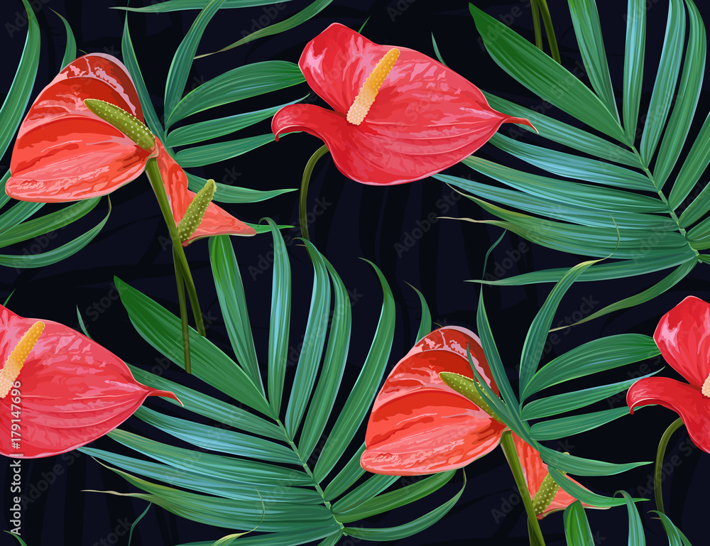 Vector Tropical flowers and palm leaves seamless pattern. Floral exotic Hawaiian background. Blooming elements.Jungle plants. Ideal for fabric,wallpaper,wrapping paper, textile, bedding,t-shirt print.