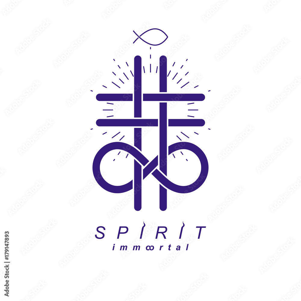 Immortal God conceptual logo design combined with infinity loop sign and Christian Cross, vector creative symbol. Immortal God conceptual logo design combined with infinity loop sign and Christian Cross, vector creative symbol.