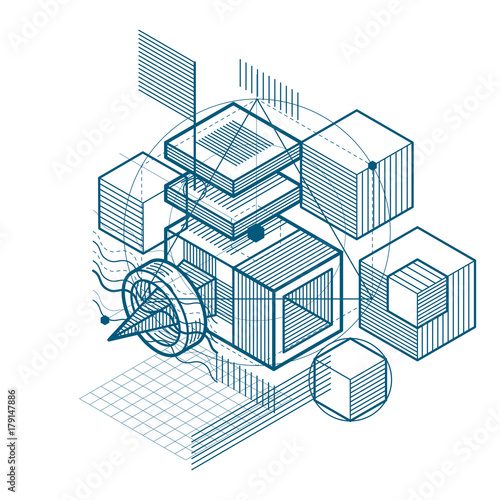Abstract design with 3d linear mesh shapes and figures, vector isometric background. Cubes, hexagons, squares, rectangles and different abstract elements.