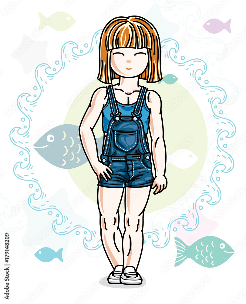 Little redhead girl cute child toddler in casual clothes standing on marine backdrop with ocean and fishes. Vector pretty nice human illustration. Little redhead girl cute child toddler in casual clothes standing on marine backdrop with ocean and fishes. Vector pretty nice human illustration.