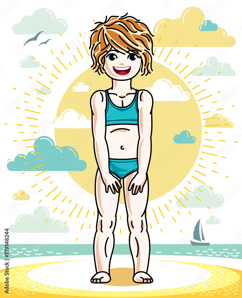 Happy little red-haired girl posing on sunny beach and wearing bright bathing suit. Vector character.