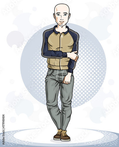 Happy hairless young adult man standing. Vector character wearing sport clothes, healthy lifestyle and fitness theme.