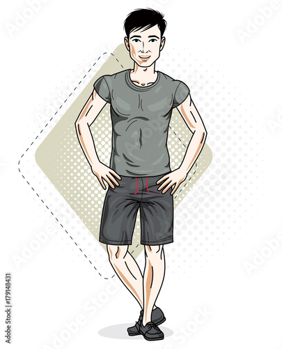 Handsome hairless young man poses on modern background. Vector illustration of male. Lifestyle theme clipart.