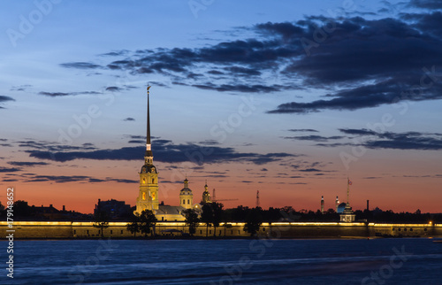 The Peter and Paul Fortress, the original citadel of St. Petersburg, Russia, founded by Peter the Great in 1703 and built to Domenico Trezzini's designs 1706-1740. White nights period photo