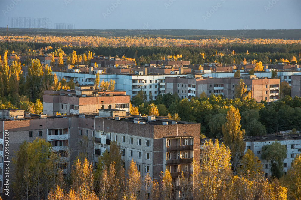 Vew from roof of 16-storied apartment house in Pripyat town, Chernobyl Nuclear Power Plant Zone of Alienation, Ukraine at autumn time