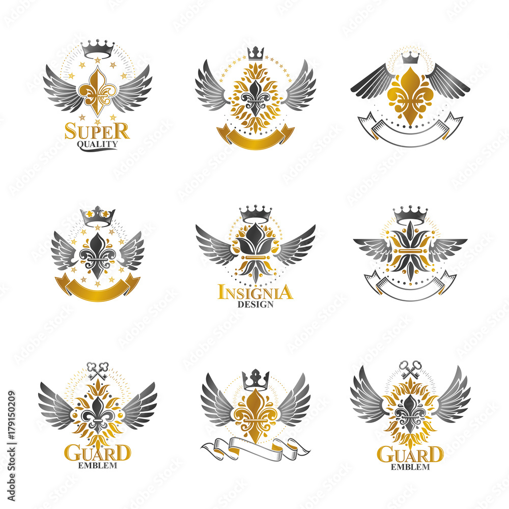Royal symbols Lily Flowers, floral and crowns, emblems set. Heraldic vector design elements collection. Retro style label, heraldry logo. Royal symbols Lily Flowers, floral and crowns, emblems set. Heraldic vector design elements collection. Retro style label, heraldry logo.