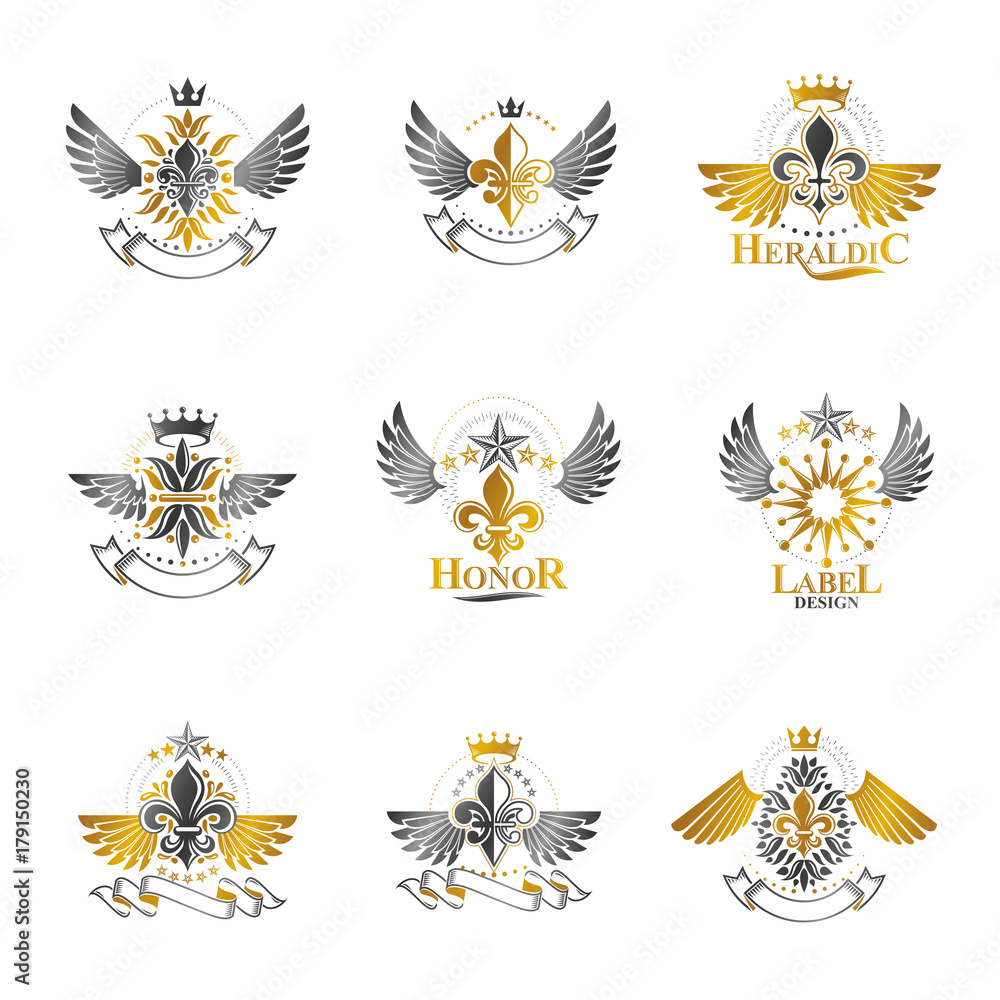 Royal symbols Lily Flowers, floral and crowns, emblems set. Heraldic vector design elements collection. Retro style label, heraldry logo. Royal symbols Lily Flowers, floral and crowns, emblems set. Heraldic vector design elements collection. Retro style label, heraldry logo.