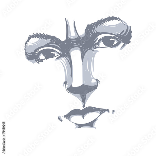Monochrome hand-drawn portrait of white-skin doubtful woman, face features and emotions theme illustration. Angry lady with wrinkles on her forehead posing on white background.