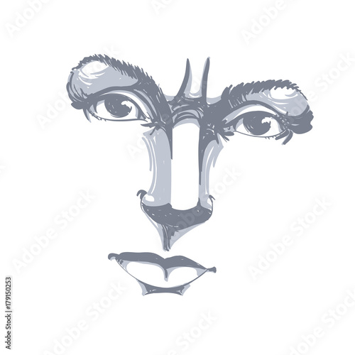 Monochrome hand-drawn portrait of white-skin doubtful woman, face features and emotions theme illustration. Angry lady with wrinkles on her forehead posing on white background.