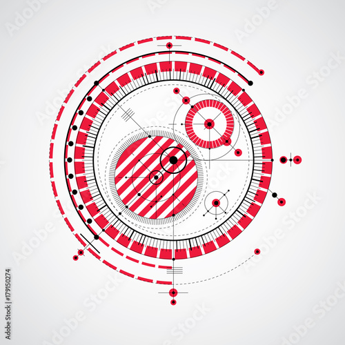 Technical drawing made using dashed lines and geometric circles. Red vector wallpaper created in communications technology style, engine design.