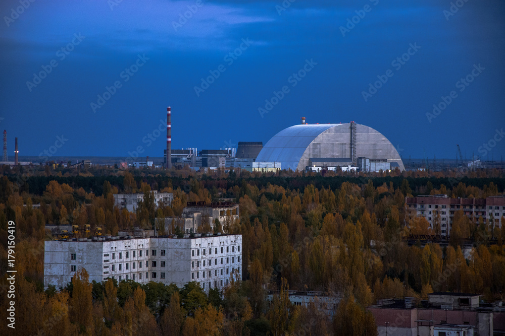 Obraz premium Vew from roof in Pripyat town, Chernobyl Zone of Alienation, Ukraine at night time