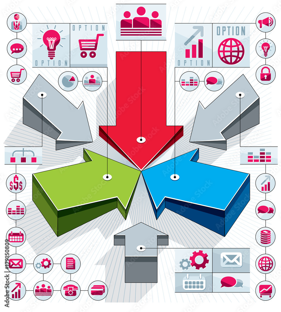 Fototapeta premium Creative infographics composition, 3d arrows pointing into center idea, vector layout illustration.