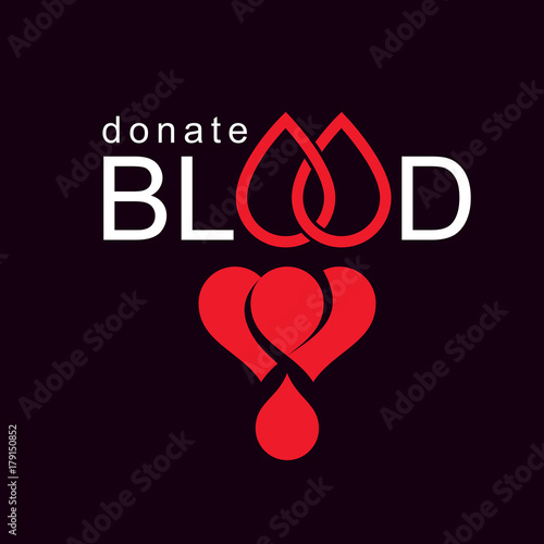 Volunteer donorship, healthcare and medical treatment conceptual logo composed with red heart shape and blood drops.